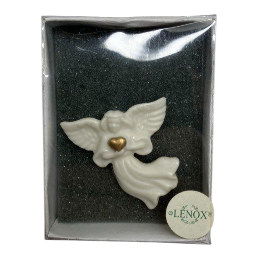 Vintage Lenox Angel with Gold Heart White Porcelain Bisque Christmas Brooch Pin